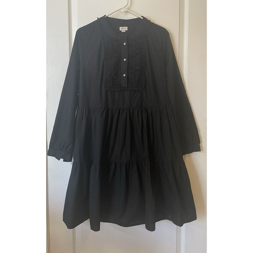 J Crew Embroidered Poplin Tiered Black Dress Size XL